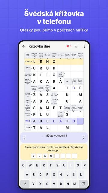 Švédská křížovka v telefonu. Otázky jsou přímo v políčkách mřížky