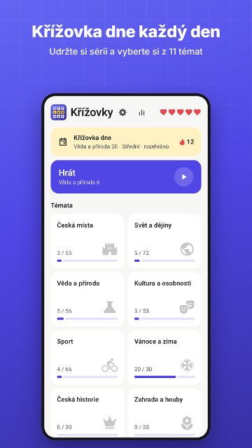 Křížovka dne každý den. Udržte si sérii a vyberte si z 11 témat