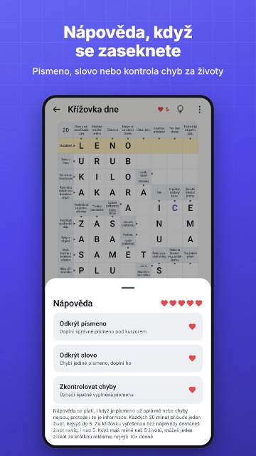 Nápověda, když se zaseknete. Písmeno, slovo nebo kontrola chyb za životy