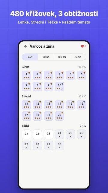 480 křížovek, 3 obtížnosti. Lehké, Střední i Těžké v každém tématu
