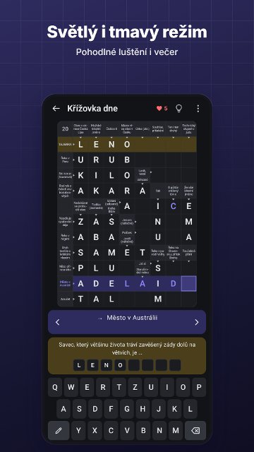 Světlý i tmavý režim. Pohodlné luštění i večer