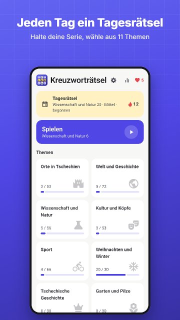 Jeden Tag ein Tagesrätsel. Halte deine Serie, wähle aus 11 Themen
