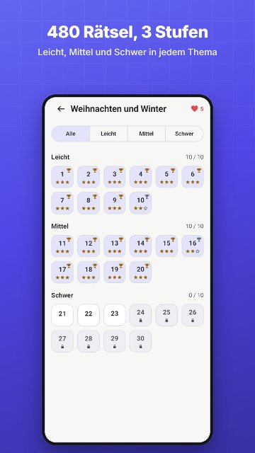 480 Rätsel, 3 Stufen. Leicht, Mittel und Schwer in jedem Thema
