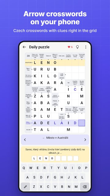 Arrow crosswords on your phone. Czech crosswords with clues right in the grid