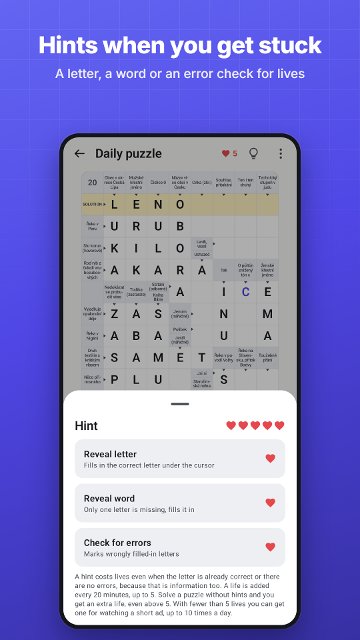 Hints when you get stuck. A letter, a word or an error check for lives