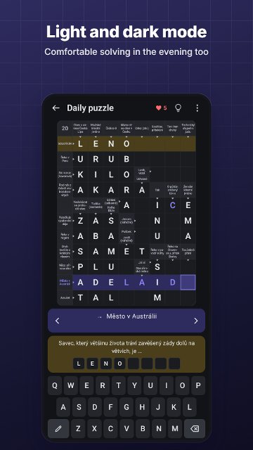 Light and dark mode. Comfortable solving in the evening too