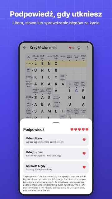 Podpowiedź, gdy utkniesz. Litera, słowo lub sprawdzenie błędów za życia