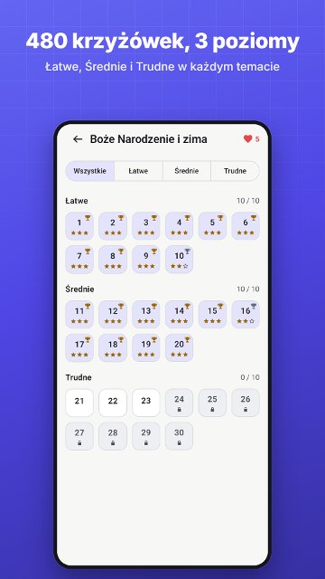 480 krzyżówek, 3 poziomy. Łatwe, Średnie i Trudne w każdym temacie