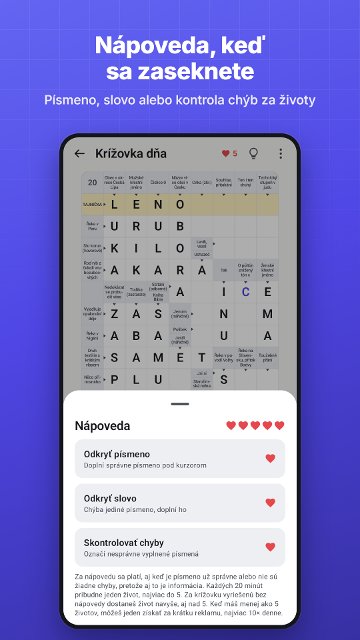 Nápoveda, keď sa zaseknete. Písmeno, slovo alebo kontrola chýb za životy